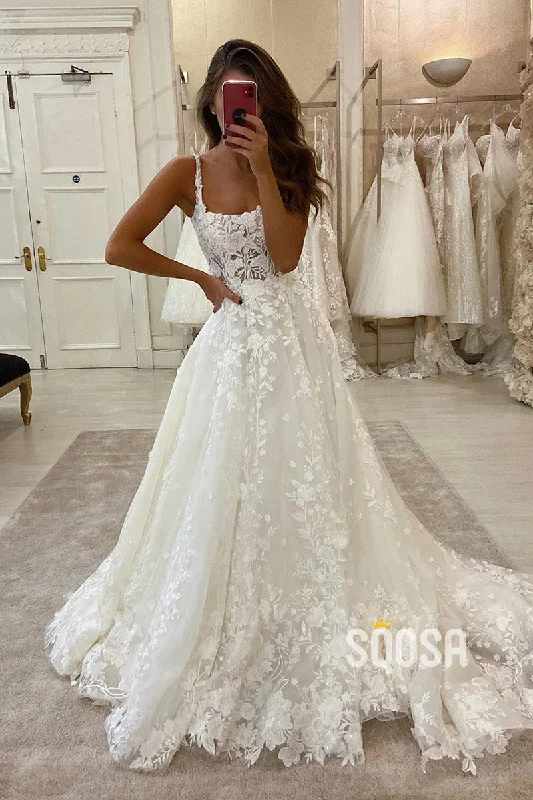 Unique Square Neckline Ivory Lace Wedding Dress Bridal Gown QW2589 A-line Wedding Gown Unique Square Neckline Ivory Lace Wedding Dress Bridal Gown QW2589 A-line Wedding Gown