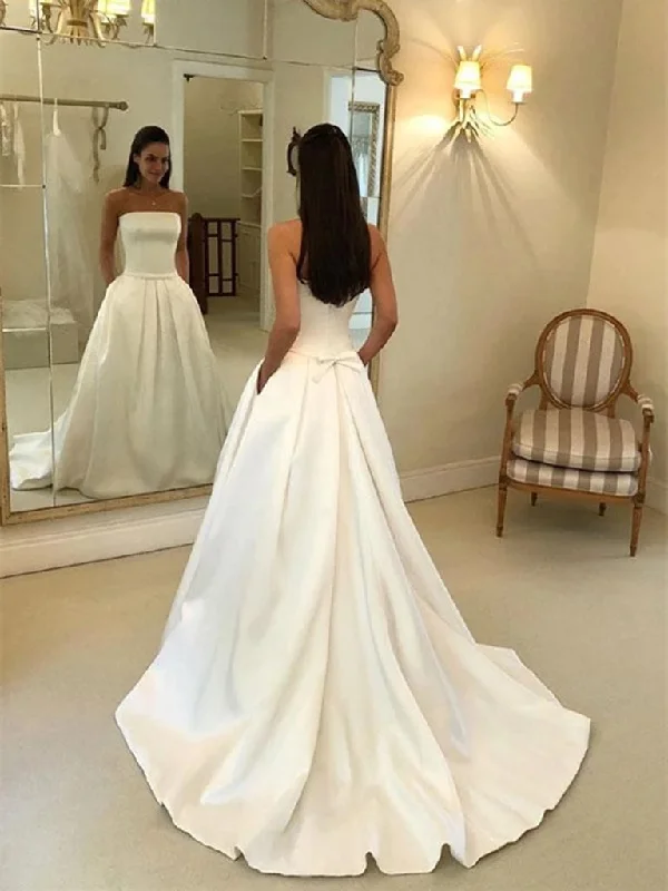 Simple Satin Strapless Wedding Dresses, Long Bridal Dress with Pockets OW506 Short Wedding Gown Simple Satin Strapless Wedding Dresses, Long Bridal Dress with Pockets OW506 Short Wedding Gown