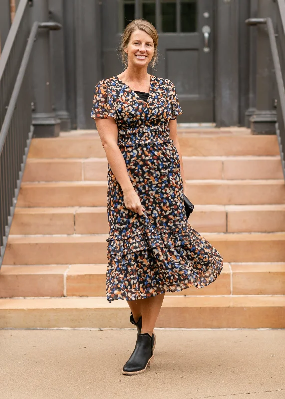 Black V-neck Ruffle Midi Dress Vacation midi dresses
