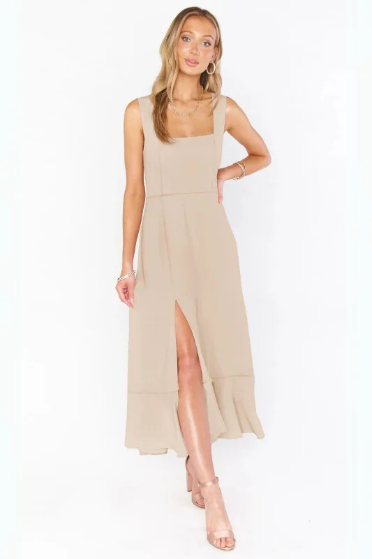 Tie strap maxi dress with slit- Beige Strapless maxi dresses
