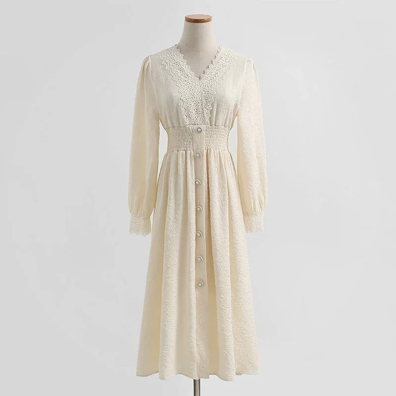 Dress long sleeve lace fairy skirt French V-neck  2283 Cotton Maxi Skirt