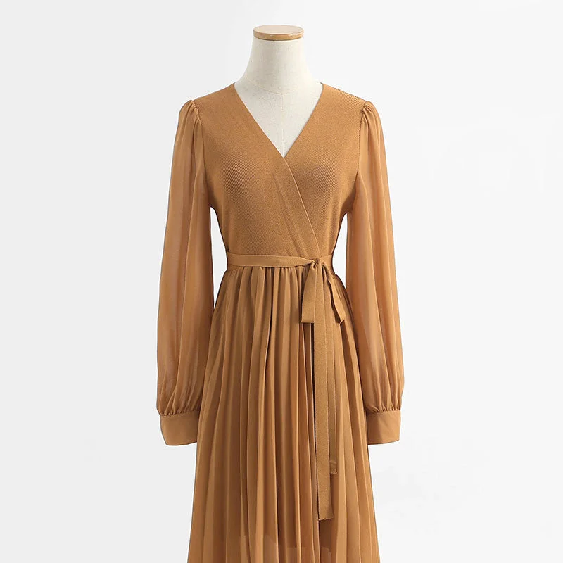 Dress V Neck Long Sleeve knee bottomed skirt pleated patchwork tea break skirt 2140 Ruffle Long Maxi Dress V Neck Long Sleeve knee bottomed skirt pleated patchwork tea break skirt 2140 Ruffle Long Maxi