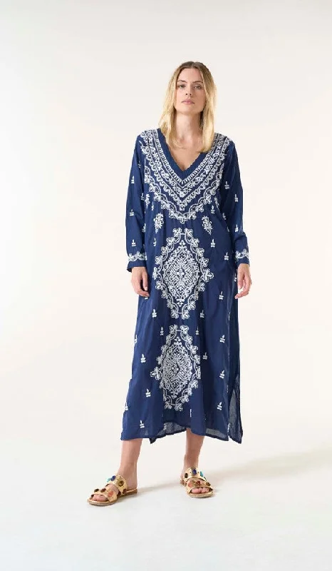 Embroidery long goa navy/white Casual Long Skirt