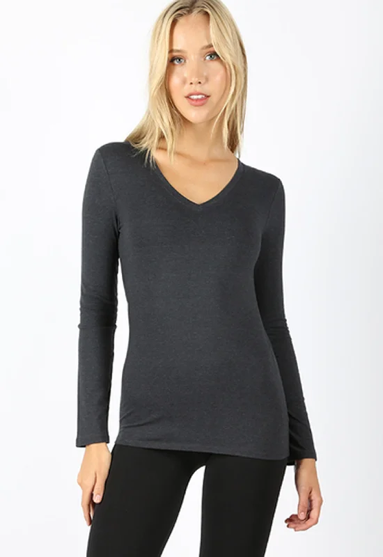 Essential V-Neck Long Sleeve Top - Charcoal (ready to ship) Maxi Skirt Outfit