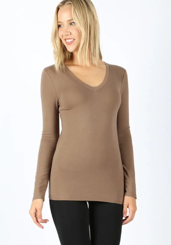 Essential V-Neck Long Sleeve Top - Mocha (ready to ship) Satin Maxi Skirt