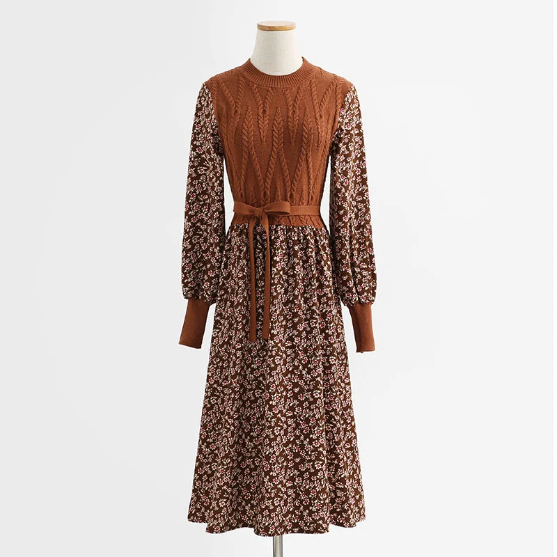Floral dress lace up stitched corduroy bottomed skirt thin knit long skirt 2339 Soft Ruffled Maxi Floral dress lace up stitched corduroy bottomed skirt thin knit long skirt 2339 Soft Ruffled Maxi