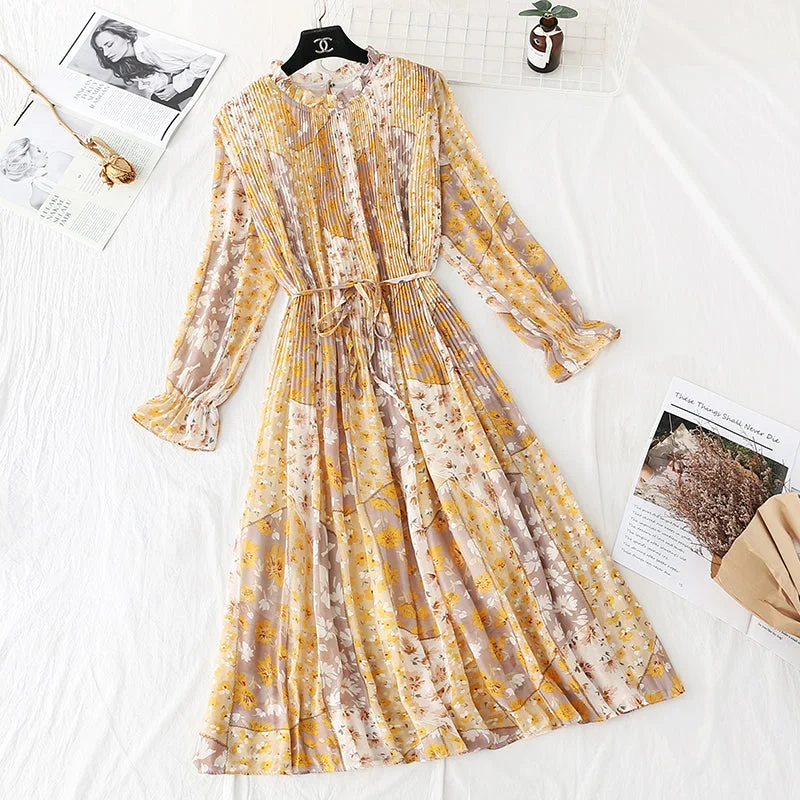French Vintage chiffon long skirt loose a-word slim large  2384 Pleated A-line Skirt