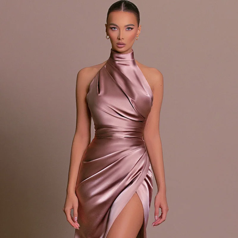 Halter Sleeveless Split Bottoming Dress Dress Autumn Stand Collar Dress Satin unclassified dresses Halter Sleeveless Split Bottoming Dress Dress Autumn Stand Collar Dress Satin unclassified dresses