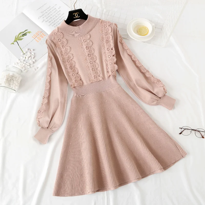 Knit wool skirt over knee Lace Panel with long skirt inside  2243 Front Slit Skirt