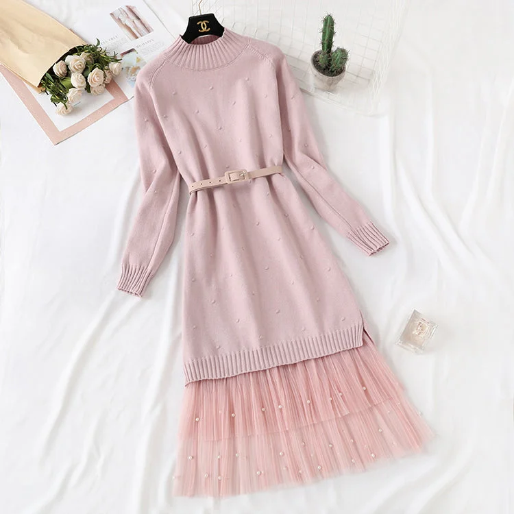 Long sweater skirt over knee net red yarn skirt two-piece suit  2142 Comfortable Maxi Look