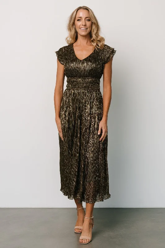 Miley Pleated Shimmer Dress | Gold Off-shoulder unclassified dresses
