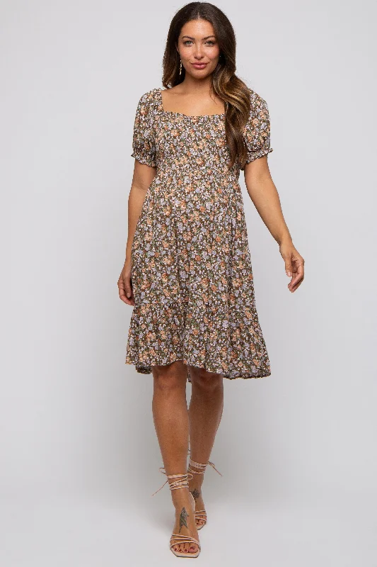 Mocha Floral Smocked Square Neck Short Sleeve Maternity Dress Smocked floral dresses Mocha Floral Smocked Square Neck Short Sleeve Maternity Dress Smocked floral dresses