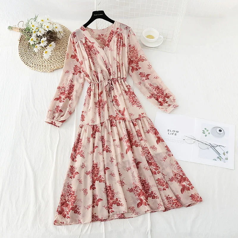 New French retro loose early autumn Chiffon large flower skirt long  2170 Stretch Maxi Skirt