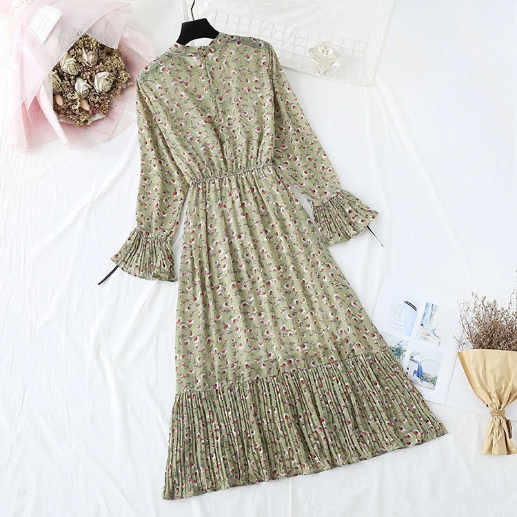New French retro pleated flare sleeve bottomed long skirt  2359 Soft Pleated Maxi