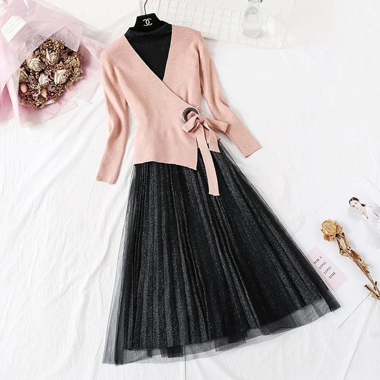 New long sleeve top pleated yarn skirt  2356 Maxi Skirt Classic