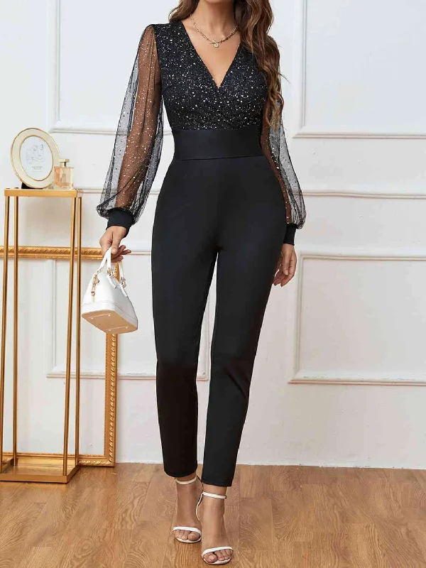Plunge Long Sleeve Jumpsuit Maxi Skirt Chic