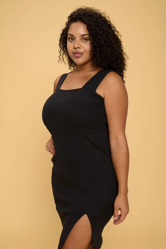 Rib Knit Square Neck Dress with Slit Office unclassified dresses
