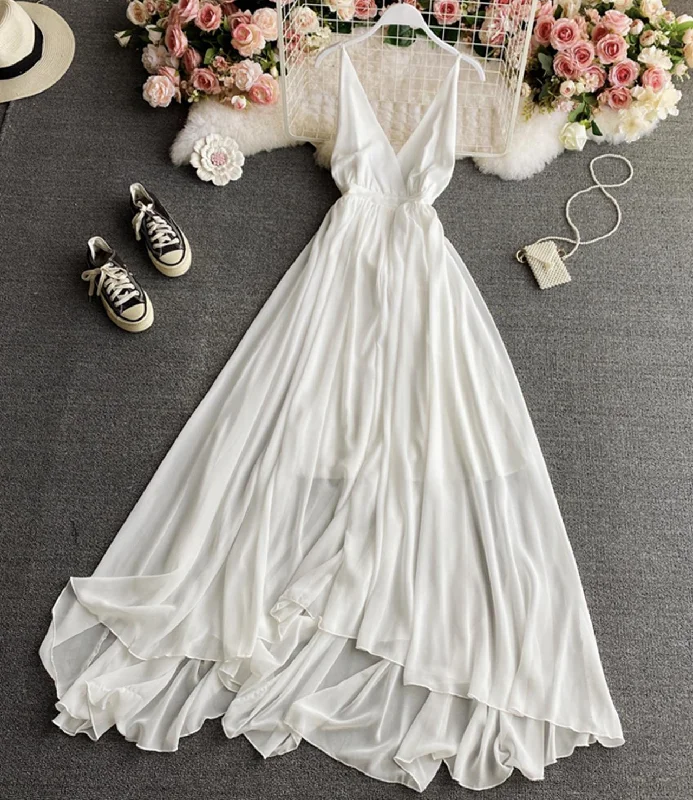 Simple A line chiffon dress white v neck dress  824 Dark color unclassified dresses