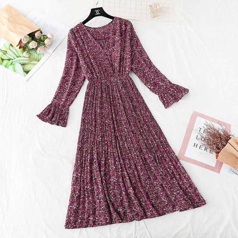 Small fresh pleated French retro long skirt Kikyo skirt  2383 Formal Maxi Skirt