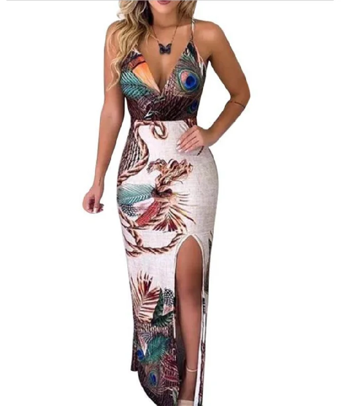 Summer Elegant Women Sling V Neck Peacock Unique unclassified dresses