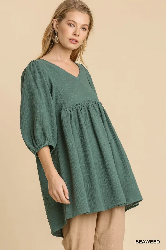 Gauze Slub V-neck Frayed Edge Detail Tunic Dress Bright color unclassified dresses