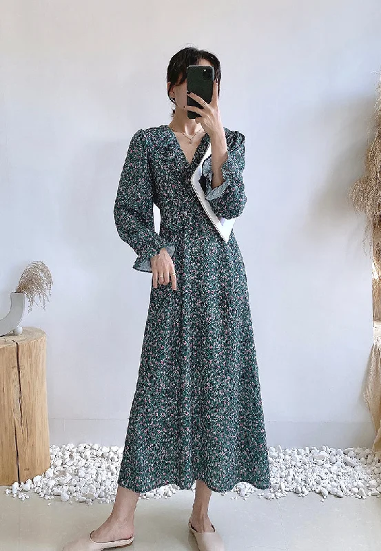 V-neck waist with thin Ruffle sleeve floral long skirt  2259 Maxi Skirt Classic