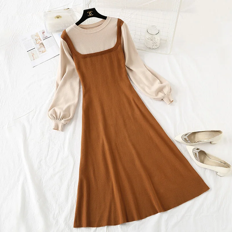 Vintage sweater bottomed long skirt color matching slim fit fake two-piece set 2143 Flowing Boho Skirt Vintage sweater bottomed long skirt color matching slim fit fake two-piece set 2143 Flowing Boho Skirt