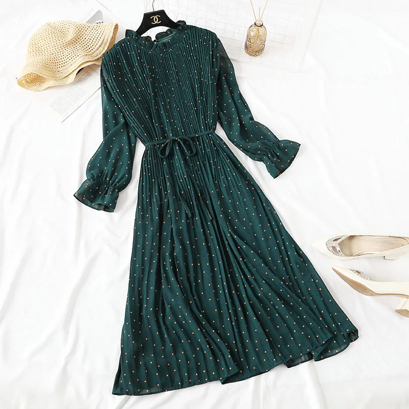 Wave point dress new autumn and winter dress French retro broken flower chiffon long skirt 2128 A-line Maxi Skirt Wave point dress new autumn and winter dress French retro broken flower chiffon long skirt 2128 A-line Maxi Skirt