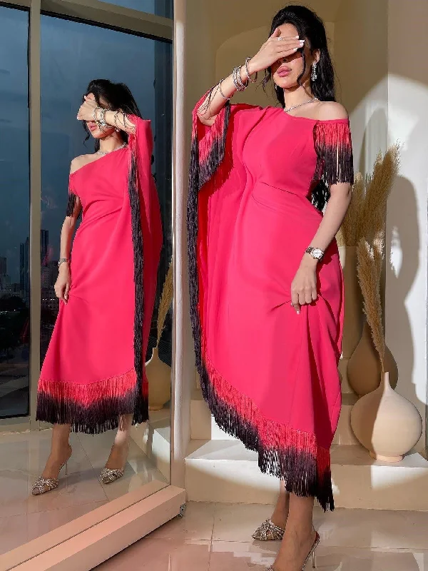 Women Clothing Tassel Shoulder Irregular Asymmetric Cinched Dress Office unclassified dresses