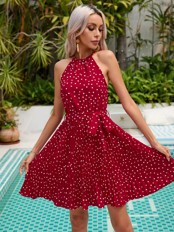 Women Fashion Women Polar Neck Hanging Strap Pleated Dress Cotton unclassified dresses