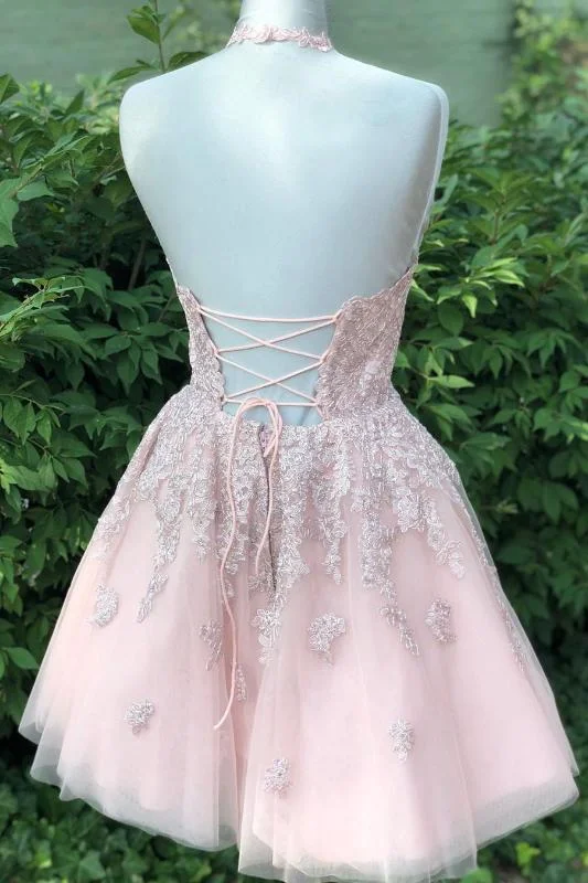 Halter Lace-Up back Short Pink Lace Homecoming Dress Lace Dress Day