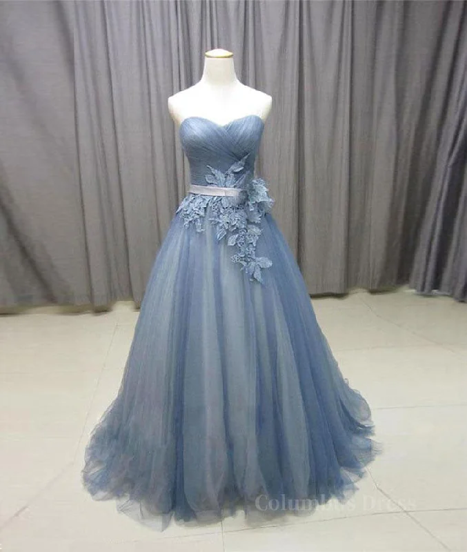 Simple gray blue tulle lace applique long Corset Prom dress, tulle evening dress outfit Tulle Dress Dazzle