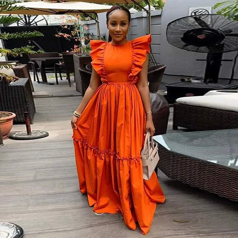 WOMEN S CLOTHING SUMMER NEW ELEGANT RUFFLED SHORT SLEEVE ROUND NECK TIGHT WAIST LONG LARGE SWING DRESS Trendy Bodycon Dress