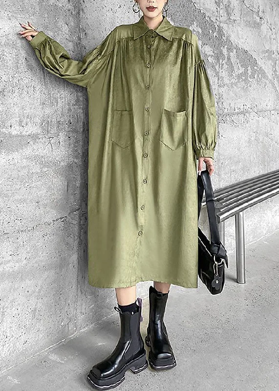 Chic Green Peter Pan Collar Patchwork Cotton Shirt Dress Spring White Linen Shirt