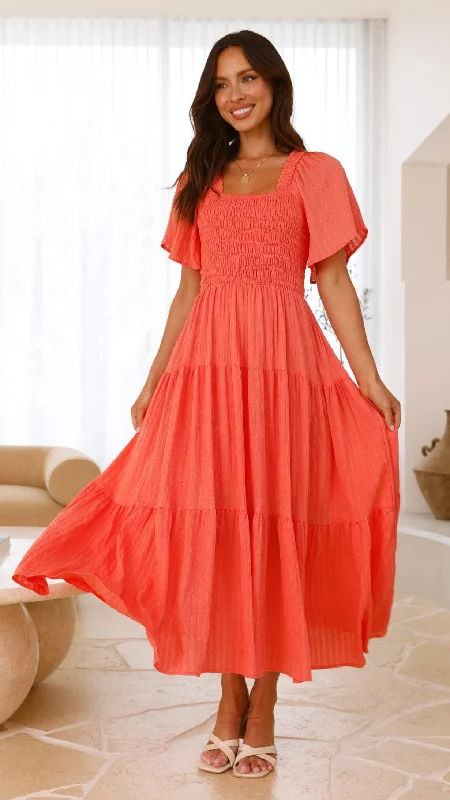 Lainey Midi Dress - Orange Fitted Midi Skirt