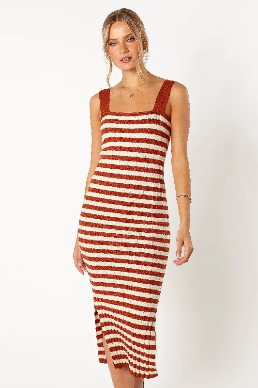 Ledger Midi Dress - Tan Stripe Midi Skirt Party